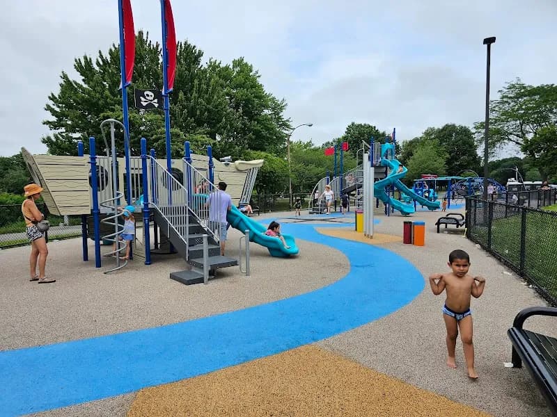 View of Artesani Playground Wading Pool and Spray Deck in Newton, MA