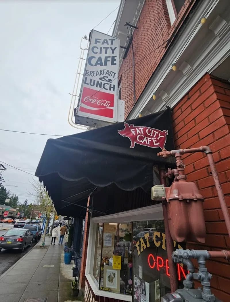 View of Fat City Café in Multnomah Village, OR