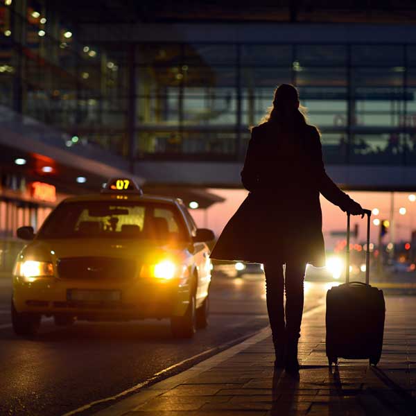 Person exiting airport terminal during layover