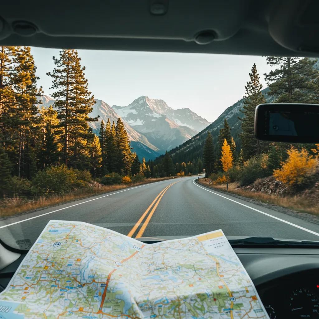 Car on a scenic road trip with a map and GPS device visible