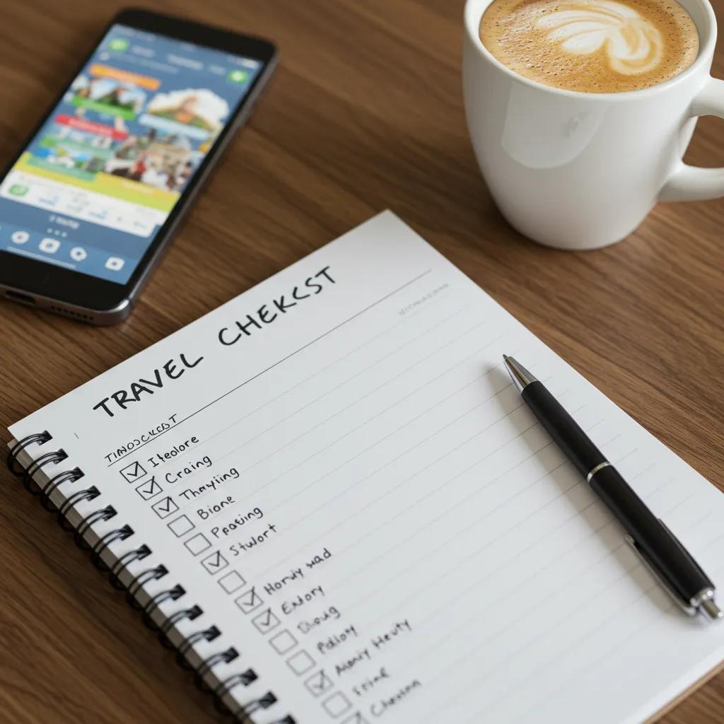 Close-up of a travel organization checklist with essentials