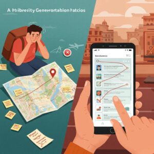 Comparison of manual travel planning stress versus AI trip itinerary ease