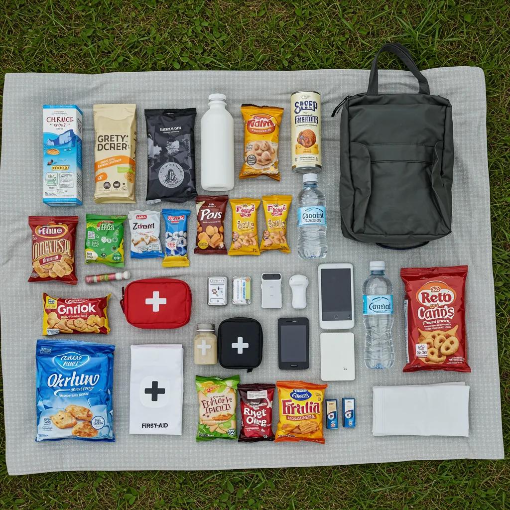 Essential road trip items including snacks, first-aid kit, and travel gadgets, emphasizing preparedness