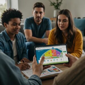 Family collaborating on a personalized travel itinerary using AI technology