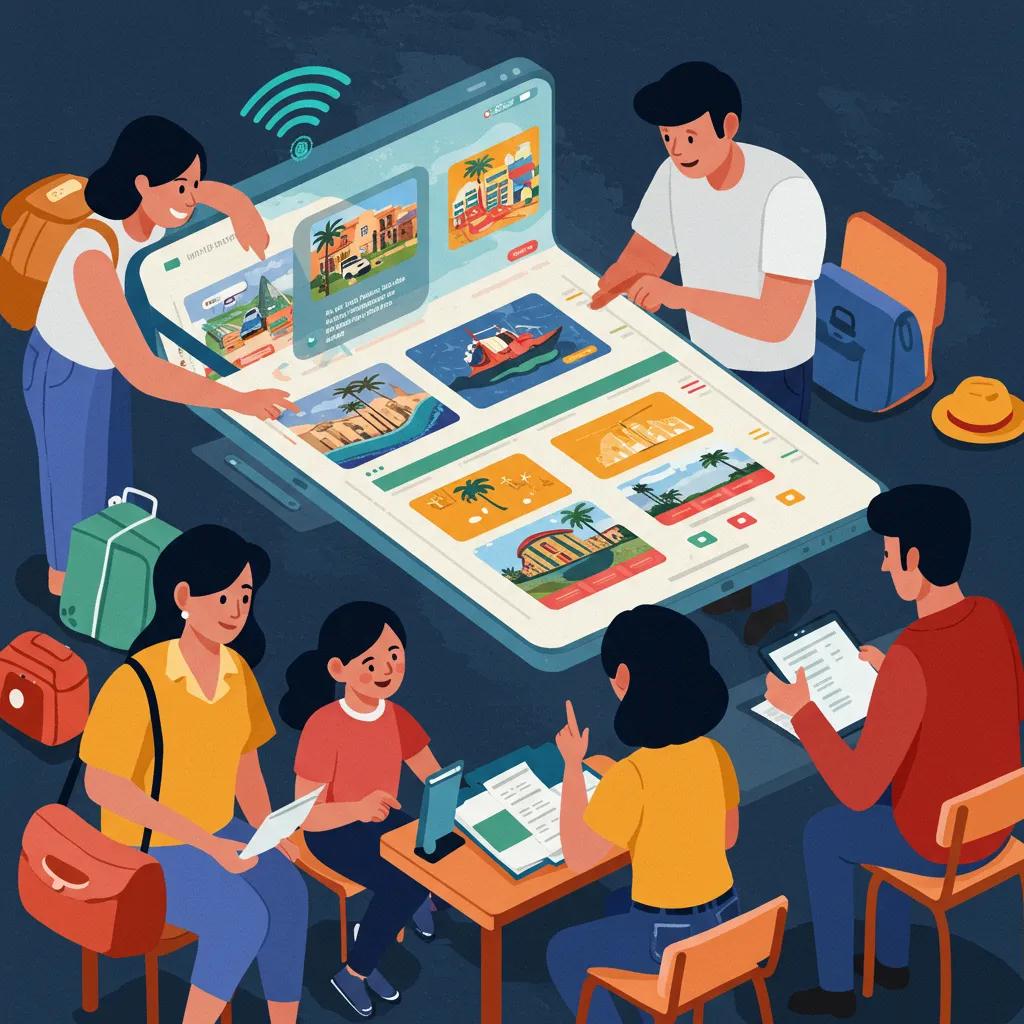 Family collaborating on vacation planning using an AI travel app, highlighting ease and engagement