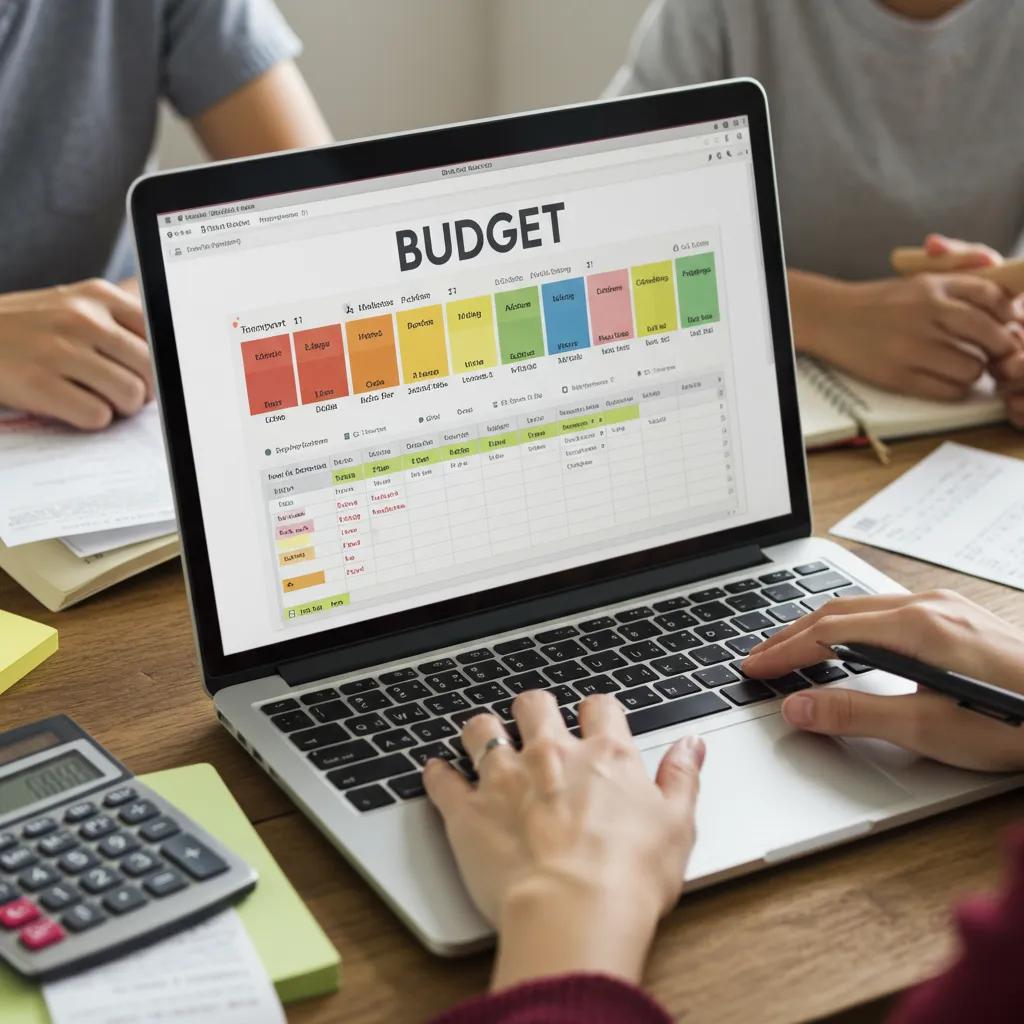 Family member tracking shared expenses in a budget spreadsheet, emphasizing collaboration and organization
