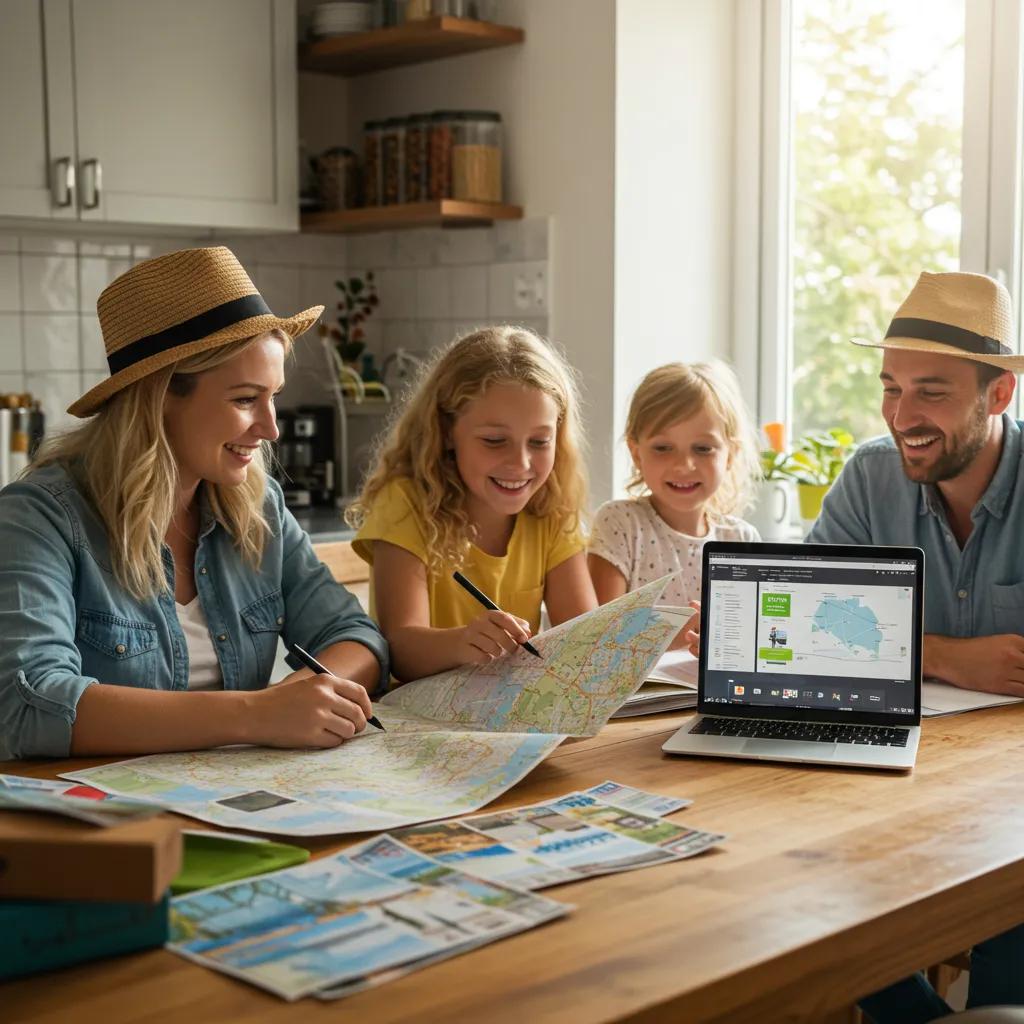 Family planning a road trip with maps and a laptop, showcasing travel excitement
