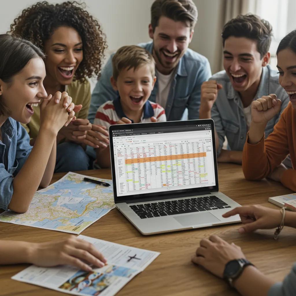 Family planning a vacation using a spreadsheet, showcasing collaboration and excitement