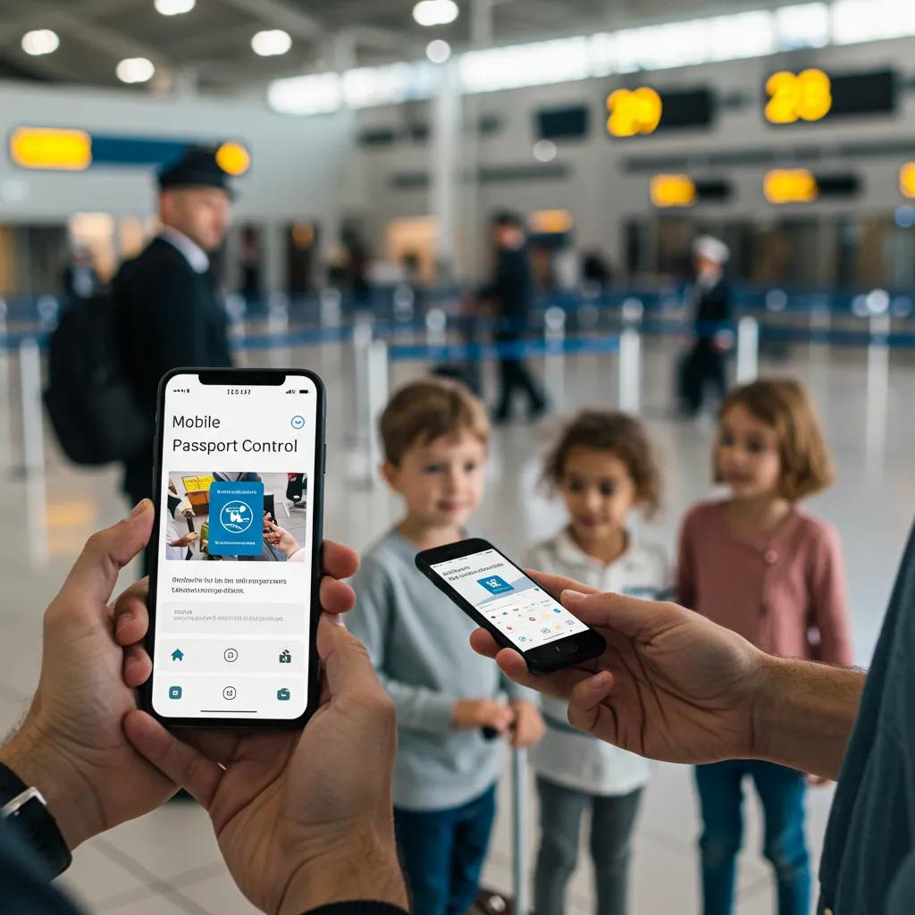 Family using mobile passport control app at airport check-in, showcasing modern travel efficiency