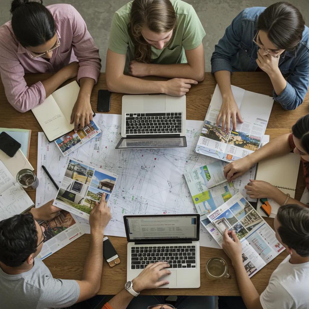 Friends planning a group trip together with laptops and brochures