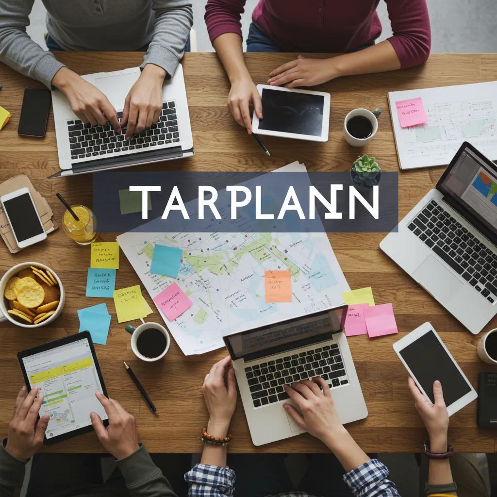 Friends collaborating on travel plans using laptops and tablets at a table