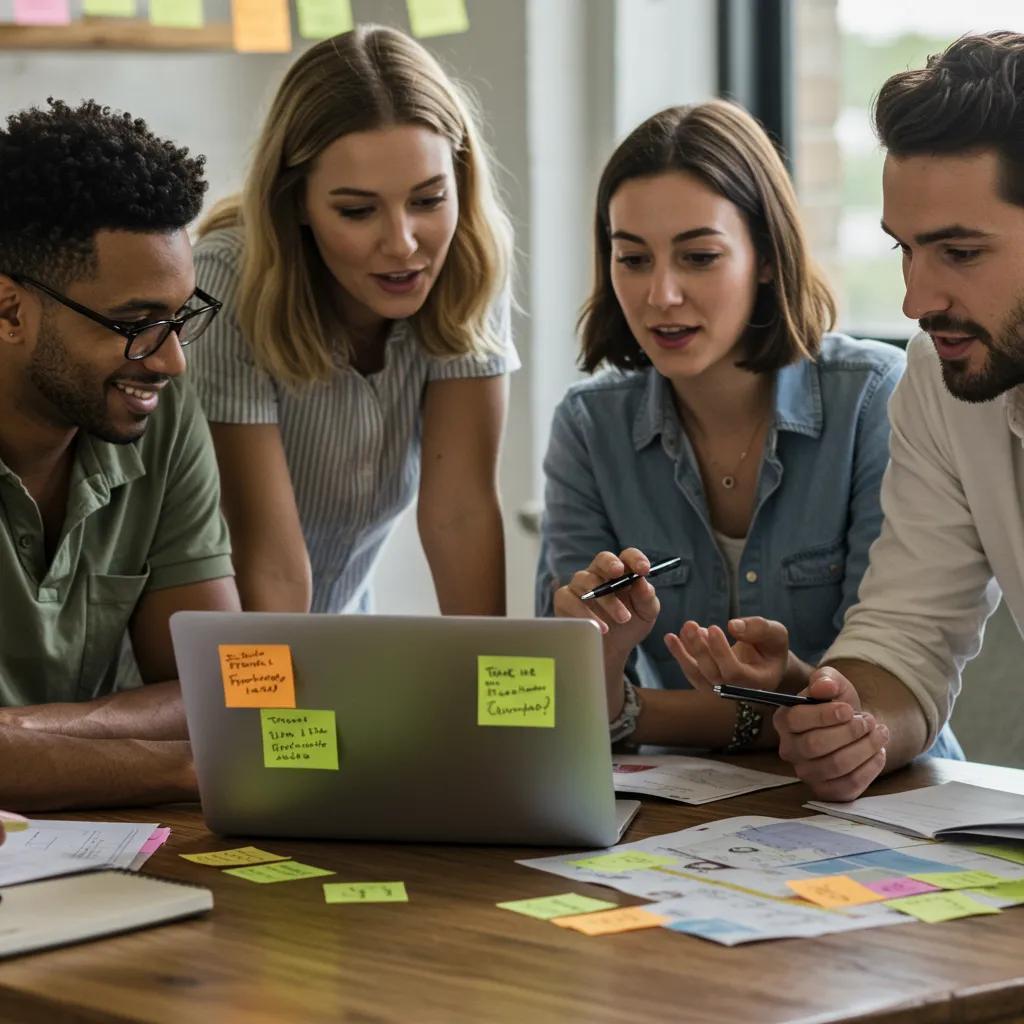 Group collaborating on travel plans using Yopki's features around a laptop