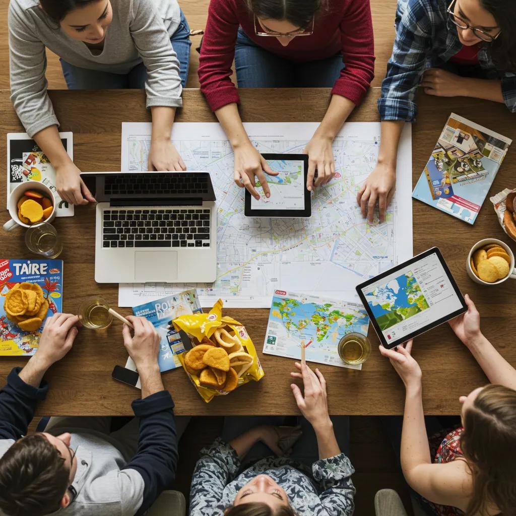 Group of friends planning a trip together with travel materials on the table