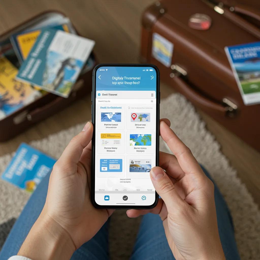 Smartphone displaying organized digital travel documents in a cozy home setting, emphasizing secure storage