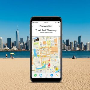 Smartphone displaying personalized travel itinerary against a scenic backdrop