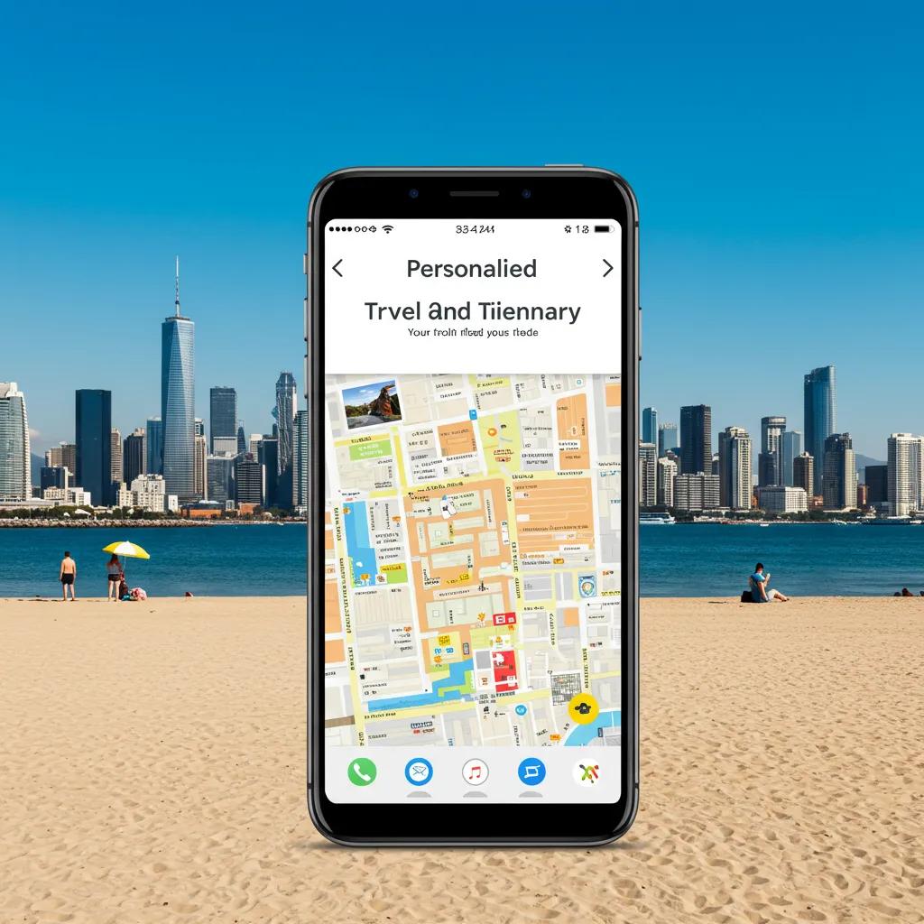 Smartphone displaying personalized travel itinerary against a scenic backdrop