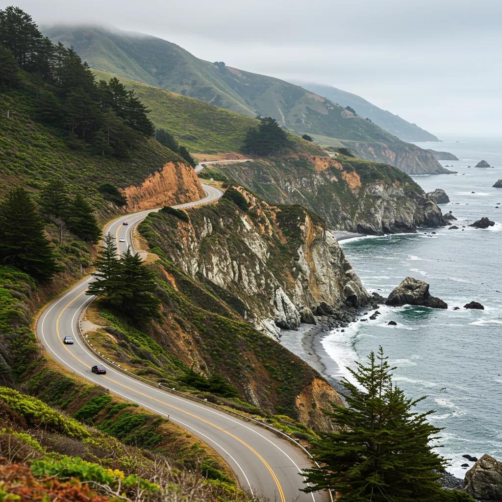 Stunning view of the Pacific Coast Highway with ocean cliffs and redwoods, highlighting scenic drives