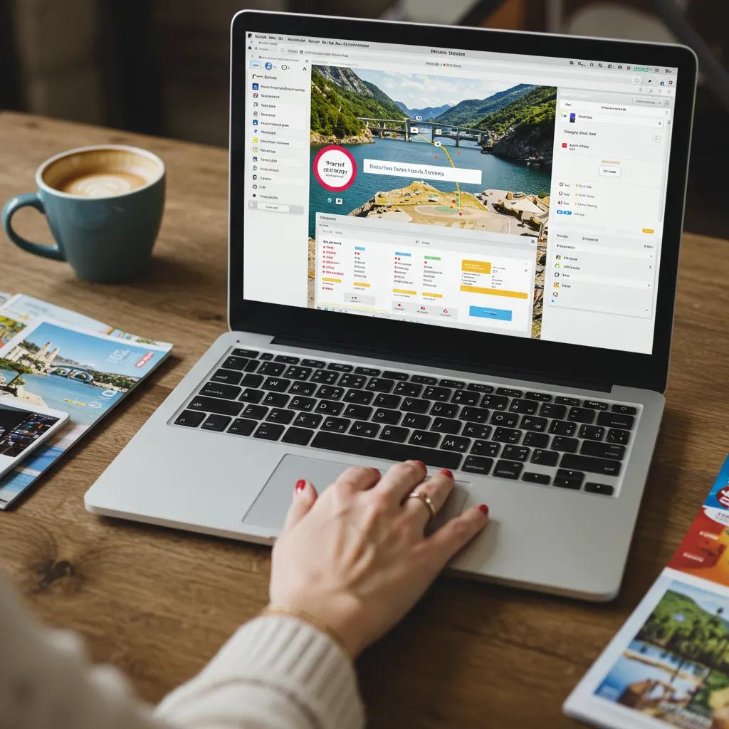 Traveler customizing a travel itinerary on a laptop with travel brochures