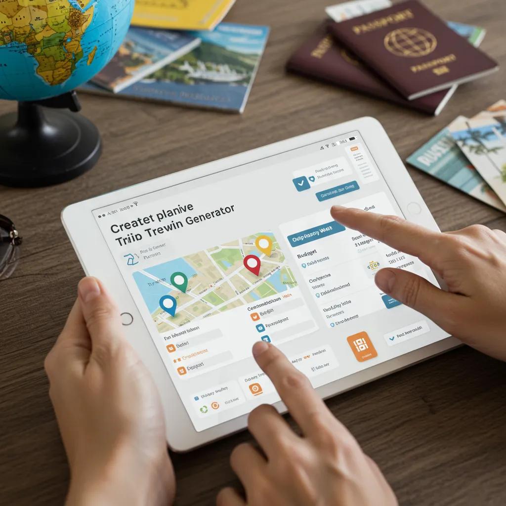 User creating a custom travel plan on a tablet with travel-related items