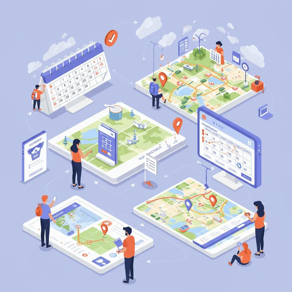 Visual travel planning tools including a calendar, map, and timeline, showcasing user-friendly customization