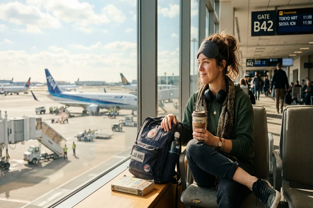 Traveler dealing with jet lag at airport window