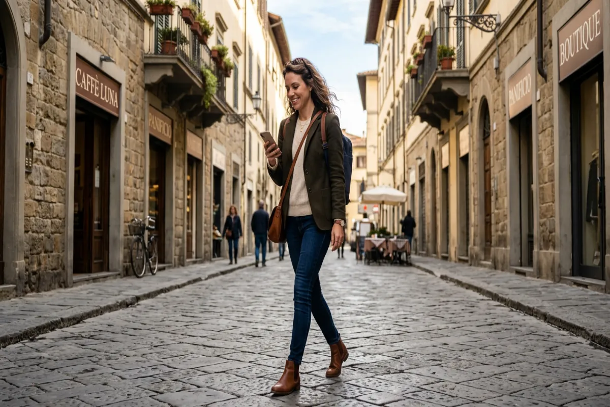 Solo female traveler confidently navigating European street