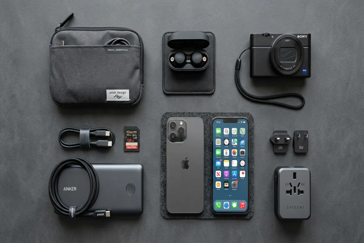 Travel tech essentials flat lay